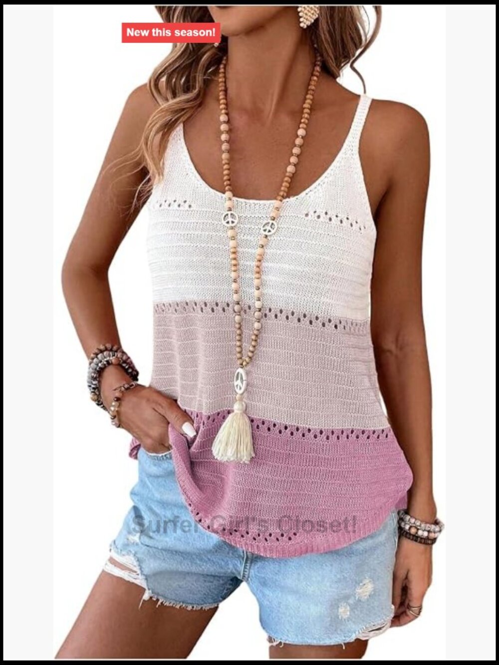 Colorblock Crochet Hollow Out Cami Top Spaghetti Strap Sleeveless